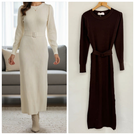 Lange offwhite gebreide jurk