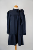Donkerblauwe jurk met strik, lange mouw