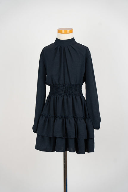 Donkerblauw jurkje met gesmokt boord