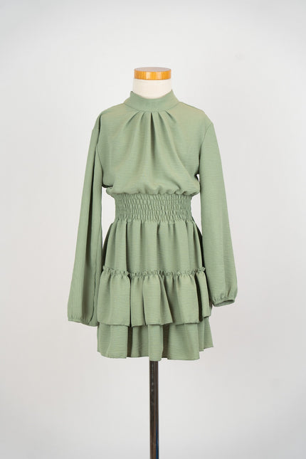 Groen jurkje met gesmokt boord