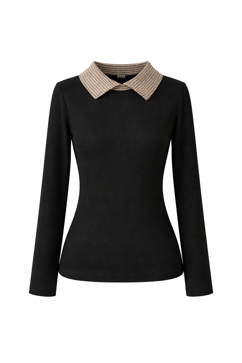 Zwarte longsleeve met geruit kraagje