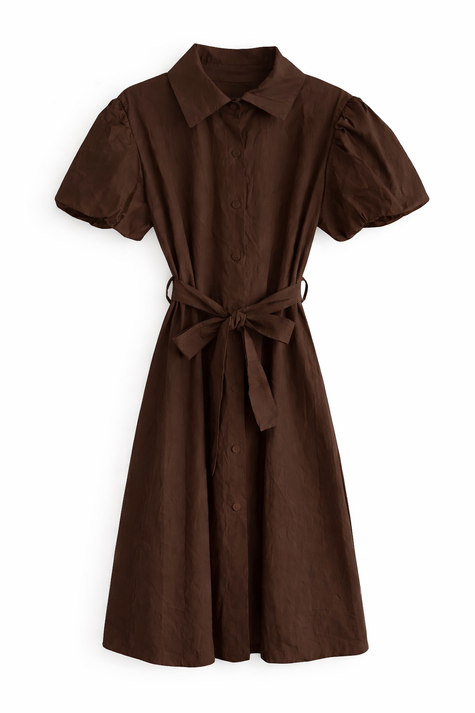 Donkerbruine doorknoopjurk met ballonmouwtje