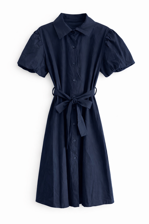 Donkerblauwe doorknoopjurk met ballonmouwtje