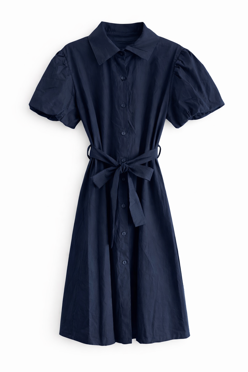 Donkerblauwe doorknoopjurk met ballonmouwtje