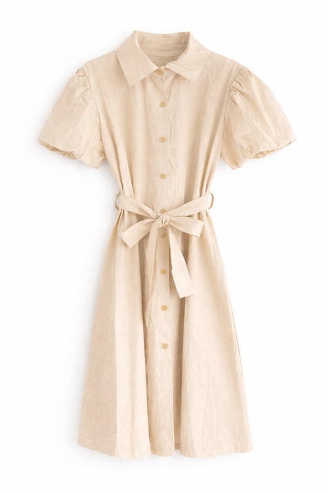 Zandkleur doorknoopjurk met ballonmouwtje