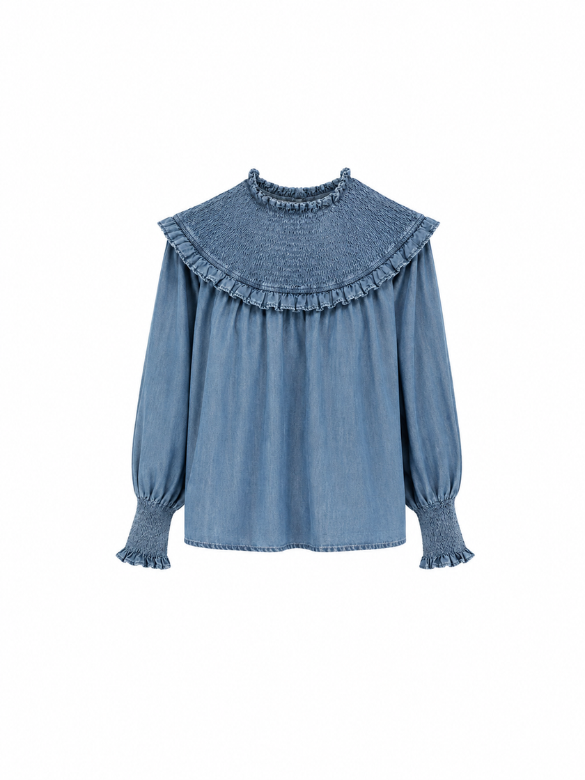 Jeansblouse met smokwerk