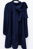 Donkerblauwe jurk met strik, lange mouw