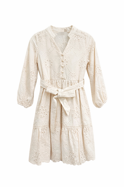 Poederbeige broderie jurk