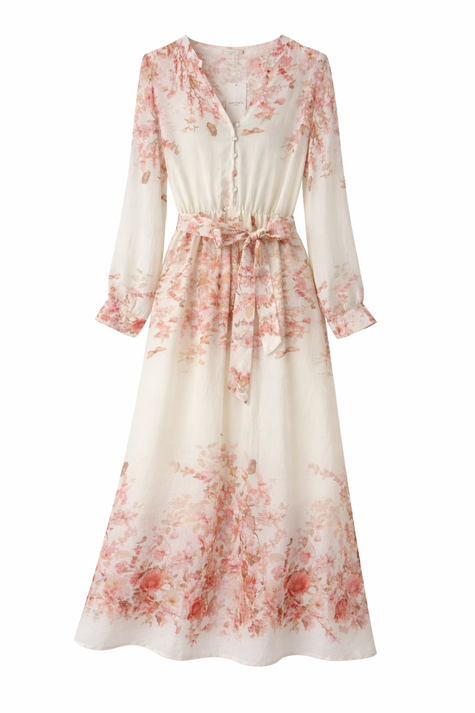 Lange offwhite jurk met bloemen