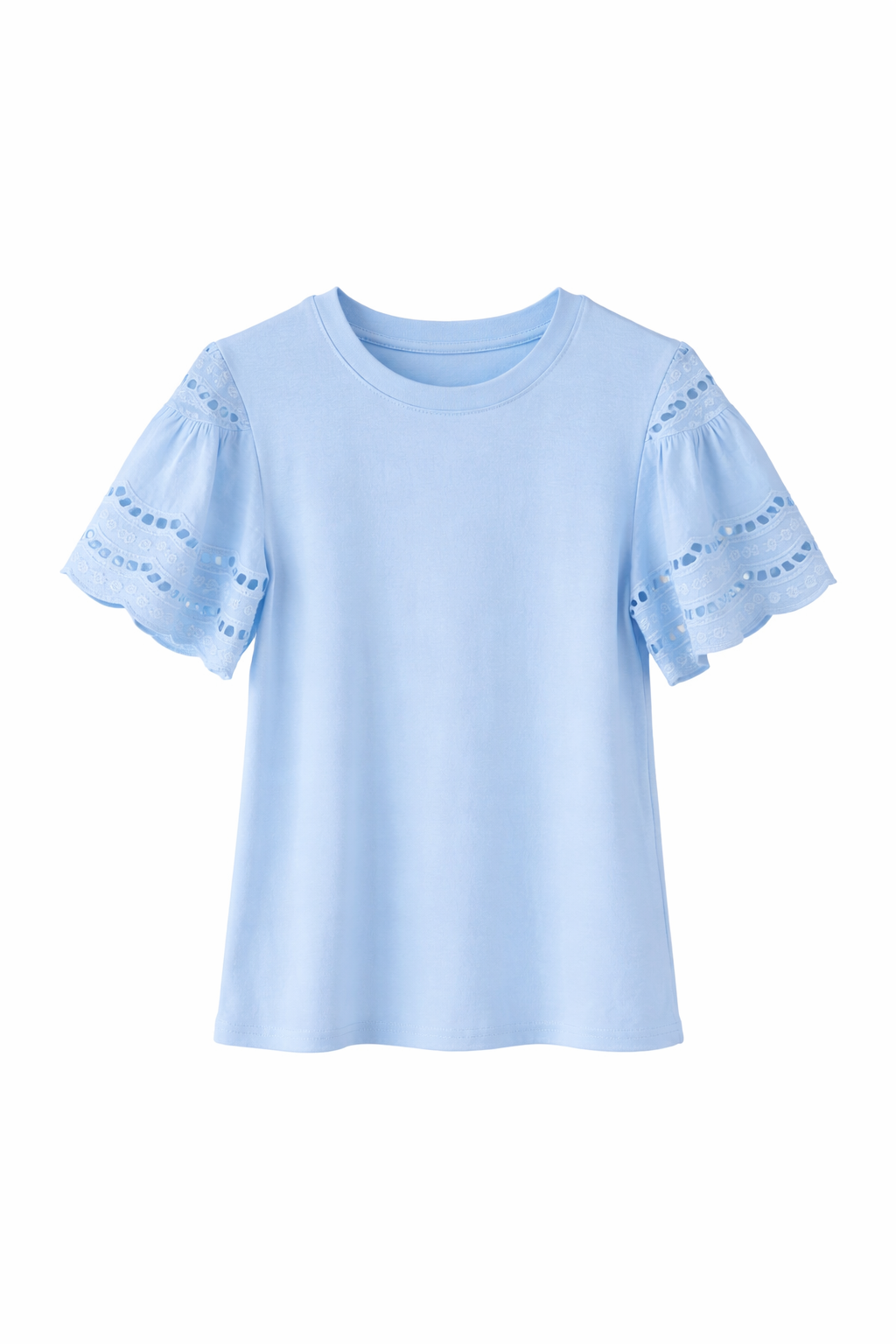Lichtblauw shirt met broderie mouwtje