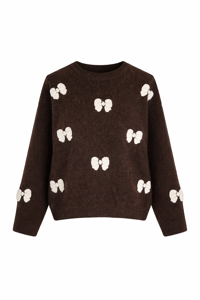 Bruine trui met offwhite strikken