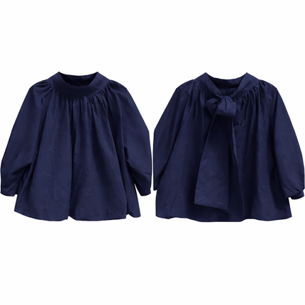 Donkerblauwe blouse/top met strik in de nek