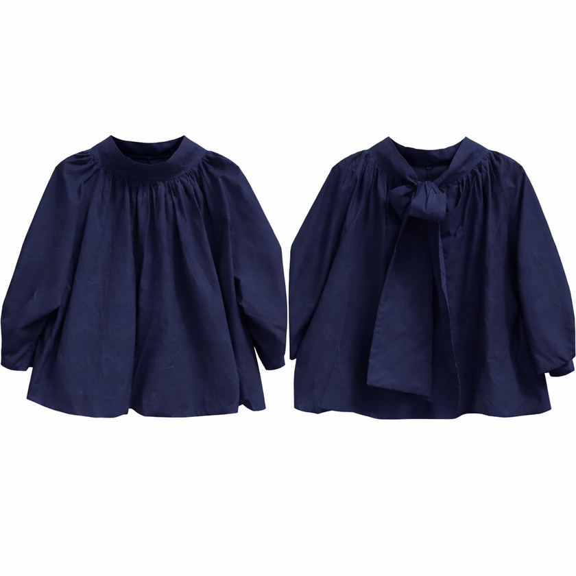 Donkerblauwe blouse/top met strik in de nek
