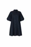 Donkerblauwe jurk met ballonmouwen