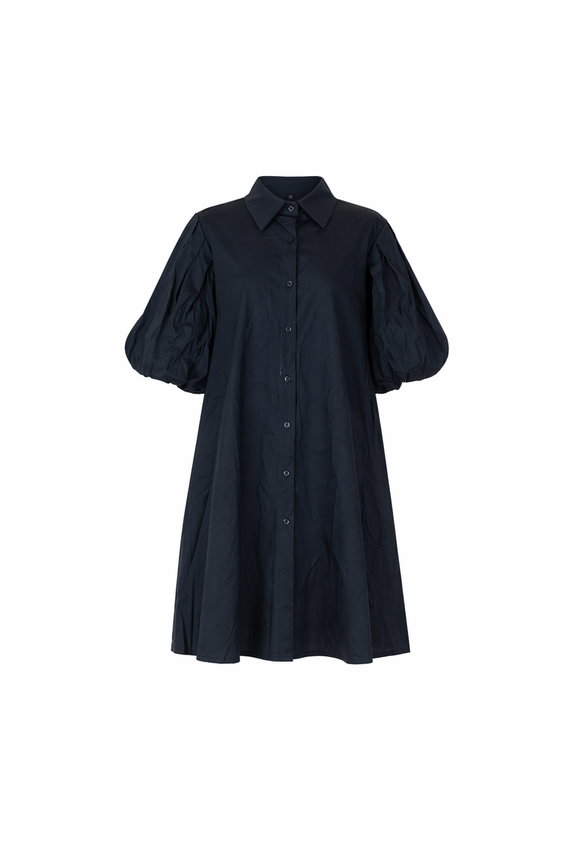 Donkerblauwe jurk met ballonmouwen