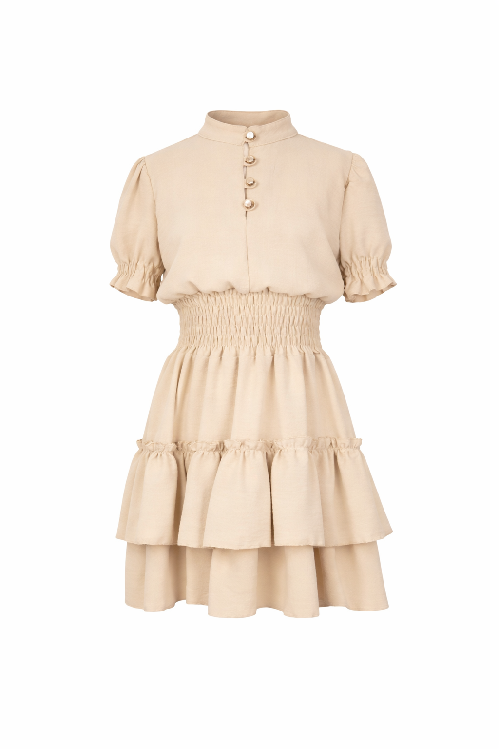 Beige jurkje met gesmokt boord en knoopjes