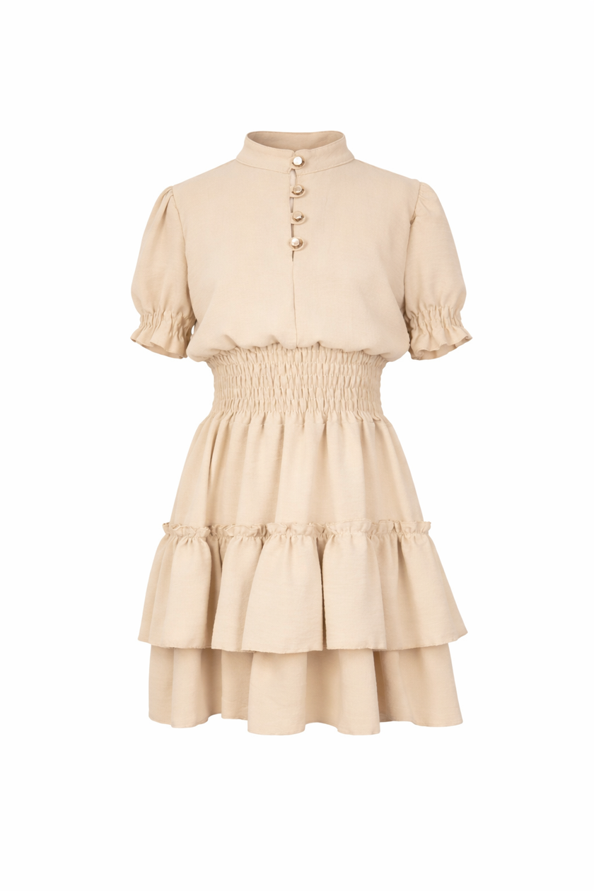 Beige jurkje met gesmokt boord en knoopjes