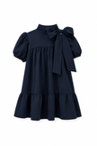 Donkerblauwe jurk met strik, korte mouw