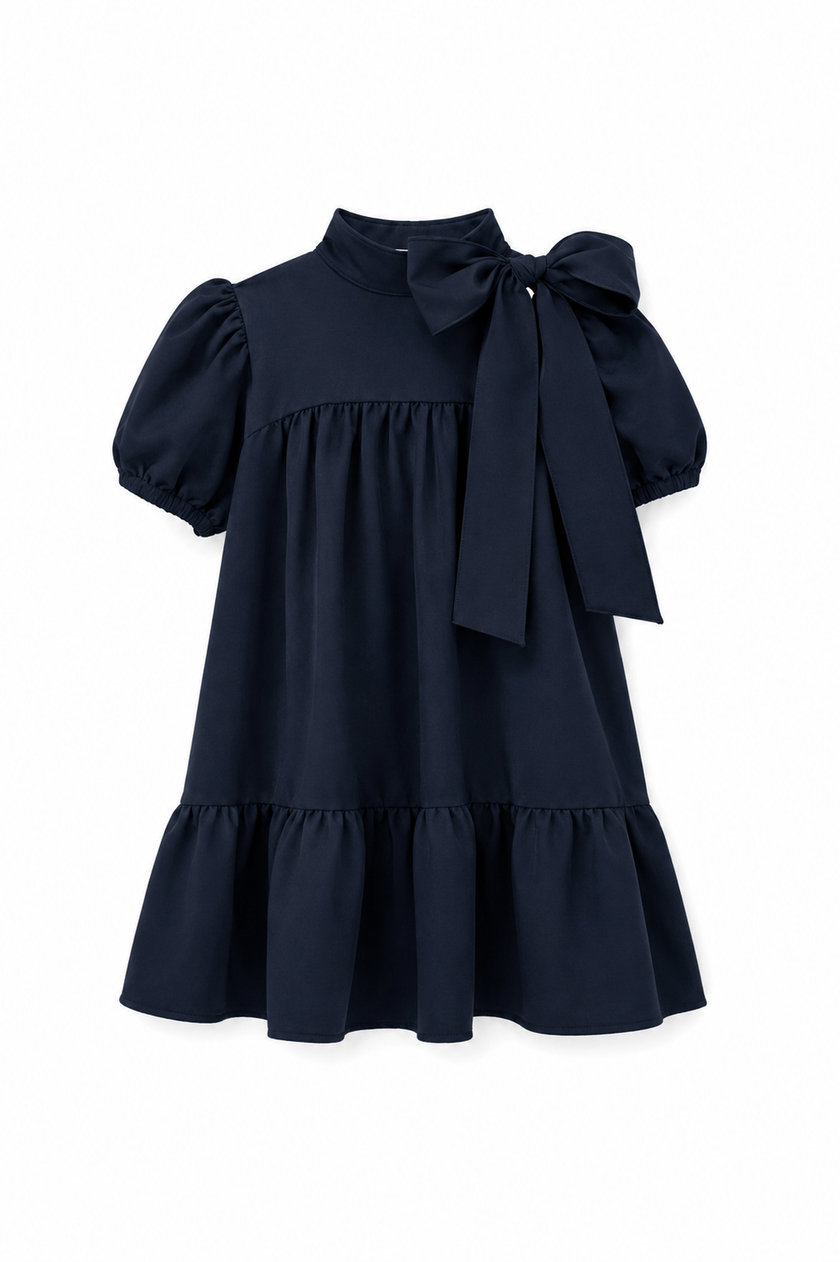 Donkerblauwe jurk met strik, korte mouw