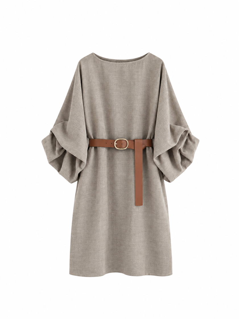 Taupe jurk met ballonmouwen