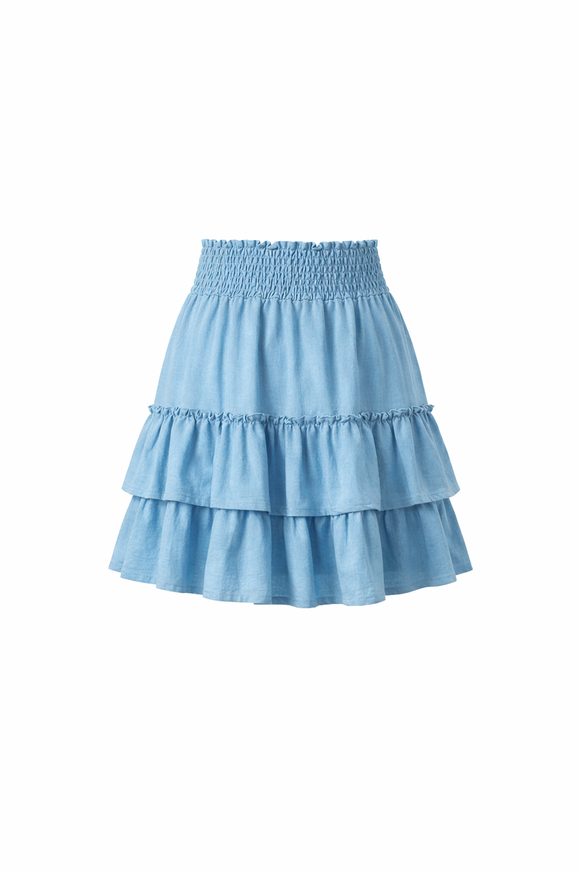 Blauw strokenrokje met gesmokt boord