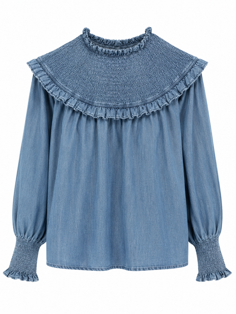 Jeansblouse met smokwerk