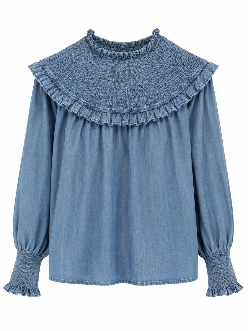 Jeansblouse met smokwerk