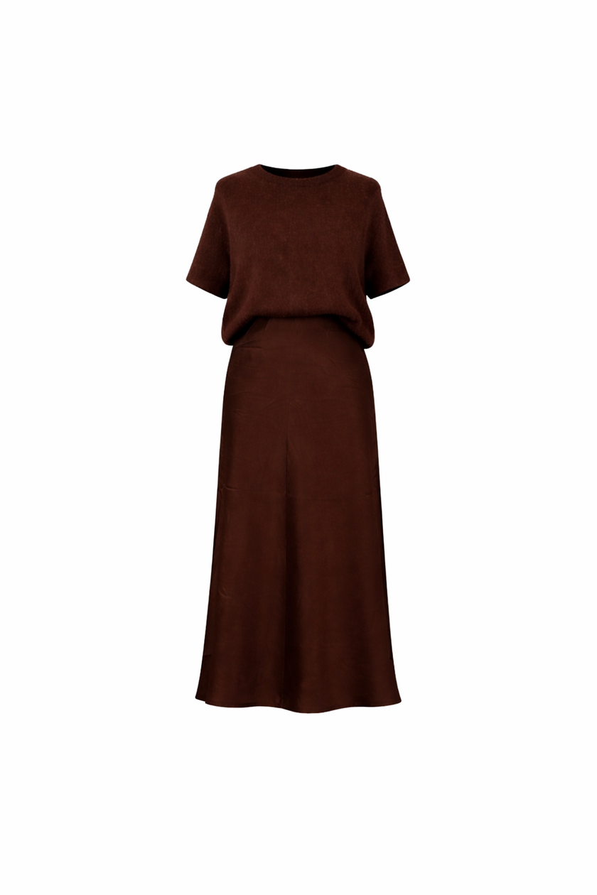 Donkerbruine silk-look rok