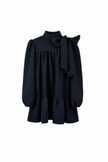 Donkerblauwe jurk met strik, lange mouw
