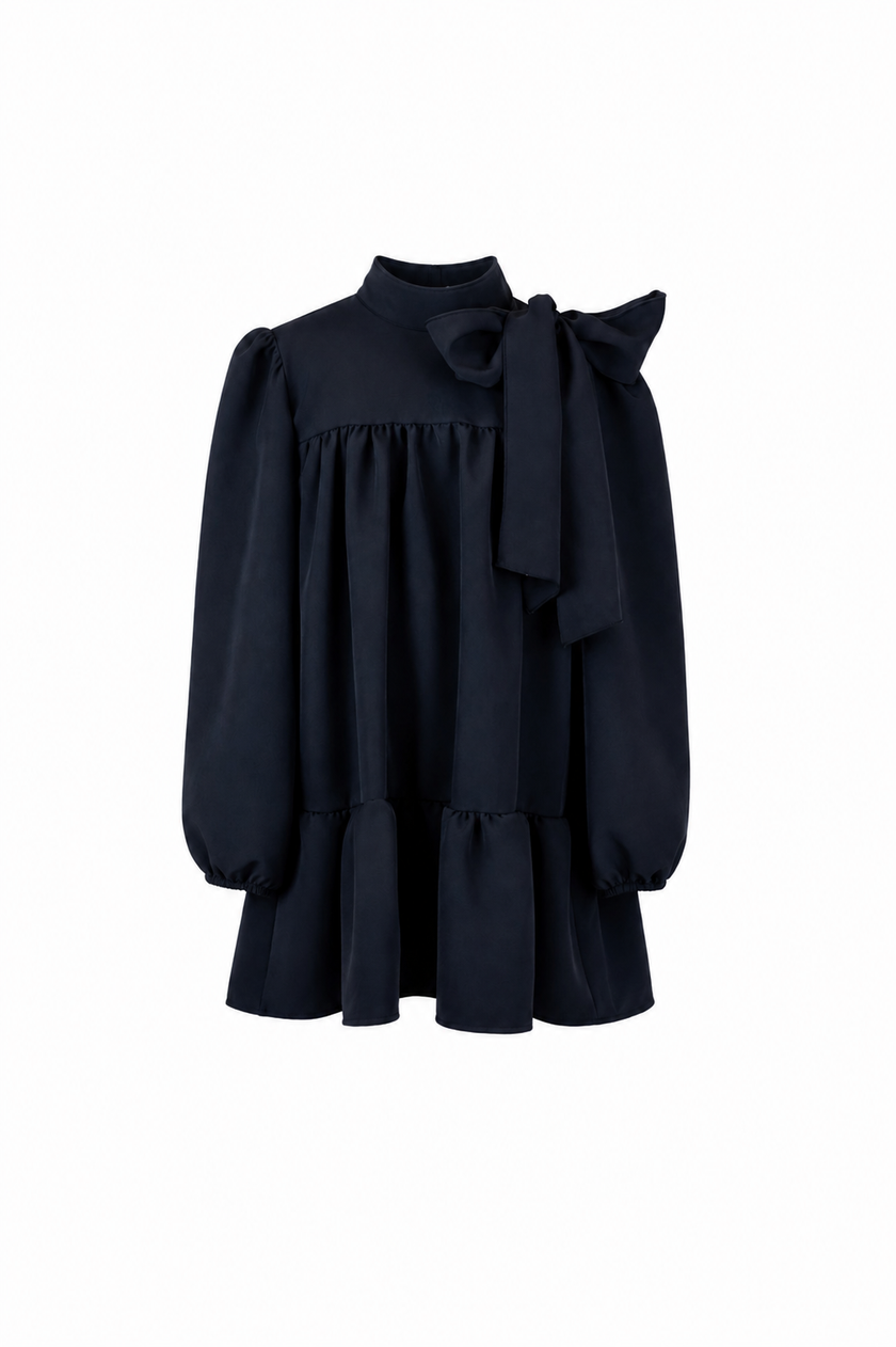 Donkerblauwe jurk met strik, lange mouw