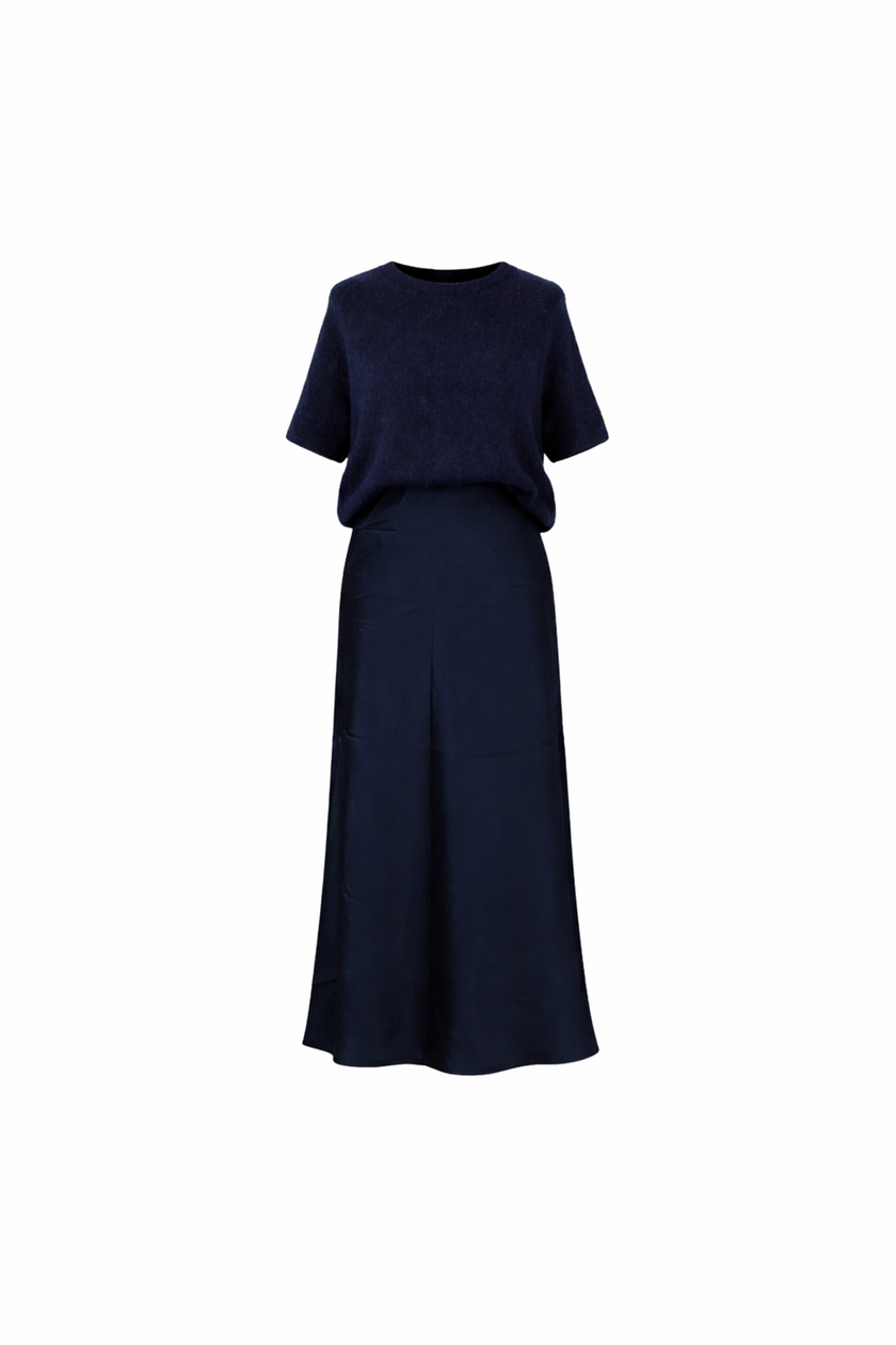 Donkerblauwe silk-look rok